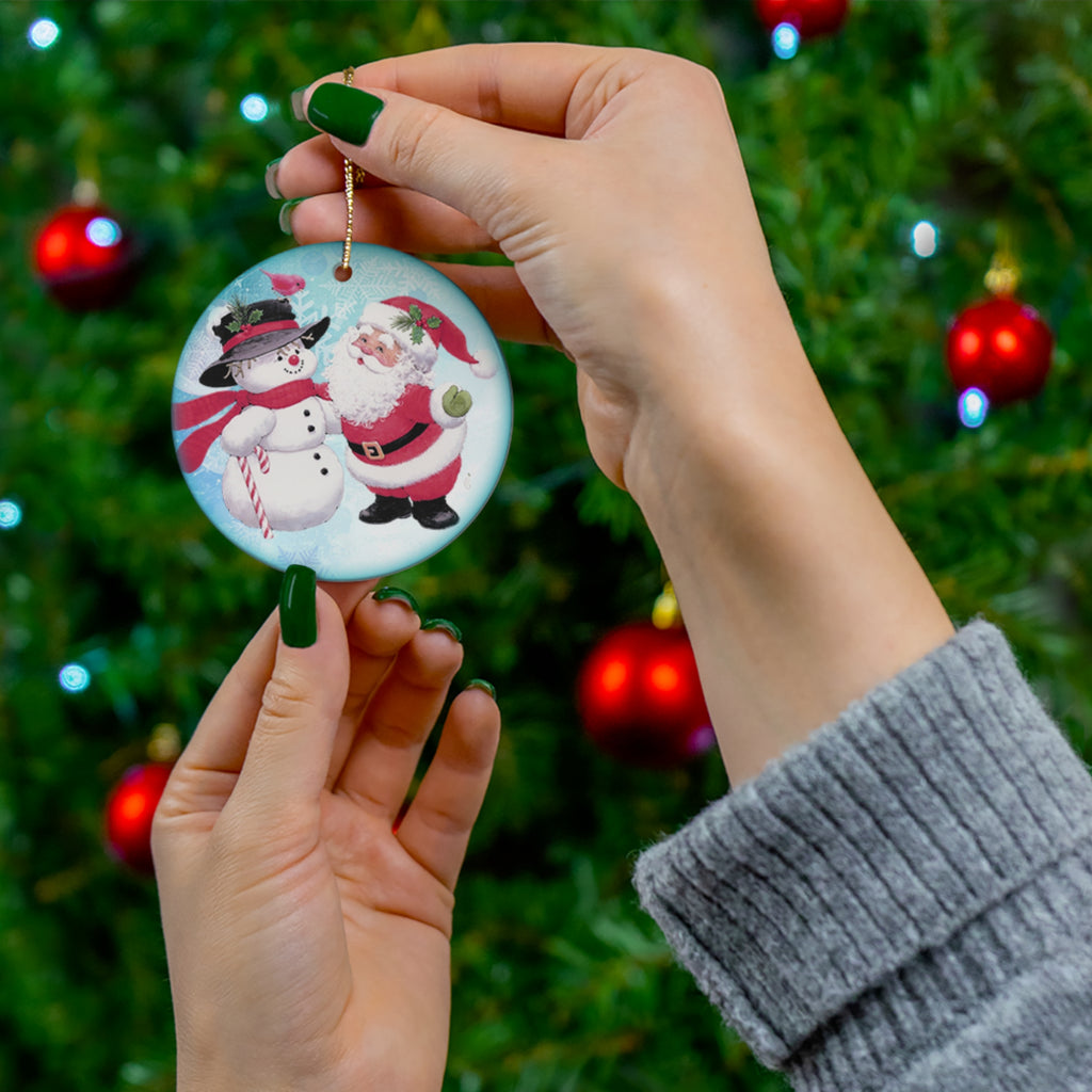 Santa And Snowman Ceramic Disc Ornament       Item #139285 - Buckshot's Bargain Barn