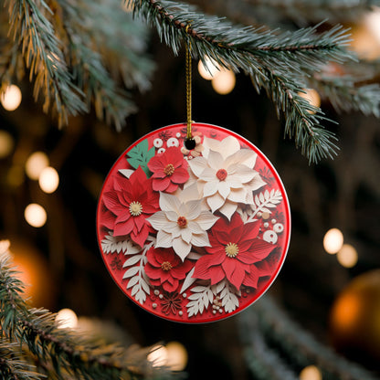 Ceramic Christmas Ornament – Red and White Poinsettia Floral Holiday Decoration   Item #243259