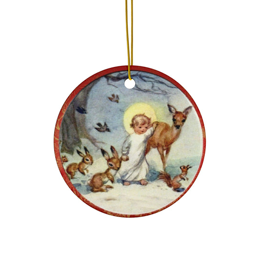 Christmas Scene Kids With Deer Ceramic Disc Ornament       Item #4825831