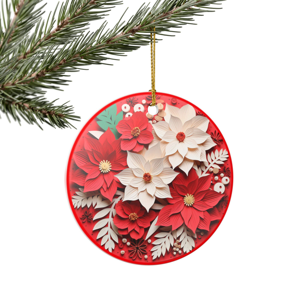 Ceramic Christmas Ornament – Red and White Poinsettia Floral Holiday Decoration   Item #243259