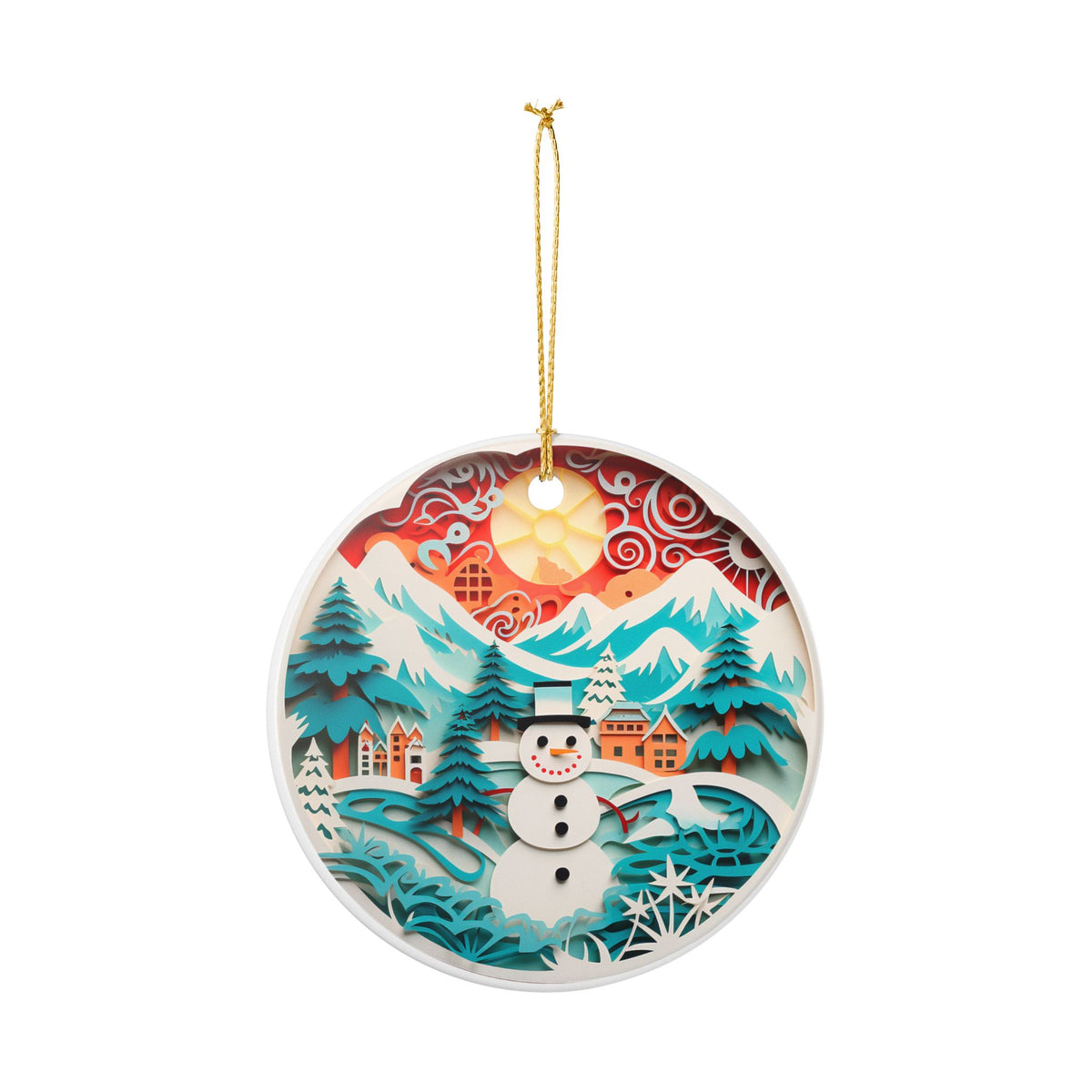 Ceramic Christmas Ornament – Winter Wonderland Snowman Mountain Scene   Item #826779