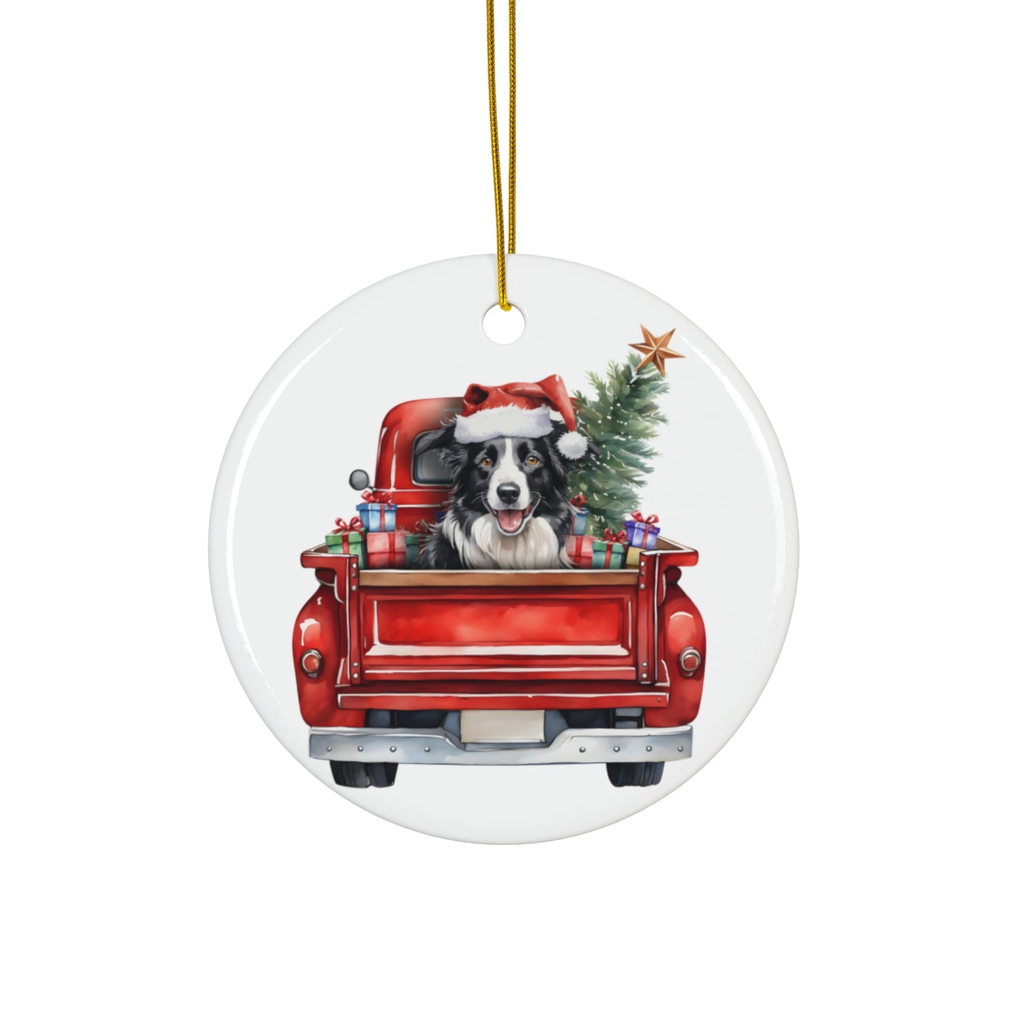 Border Collie Christmas Dog In Red Truck Ceramic Disc Ornament         Item #9696876