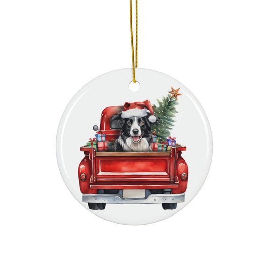 Border Collie Christmas Dog In Red Truck Ceramic Disc Ornament         Item #9696876