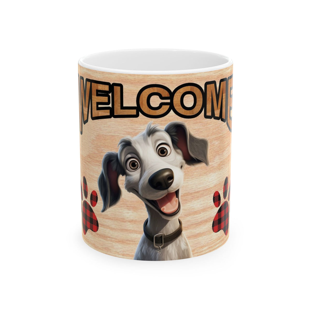 Welcome Dog Illustration Ceramic Mug – Cute Paw Print Coffee Cup 11oz    Item #1109