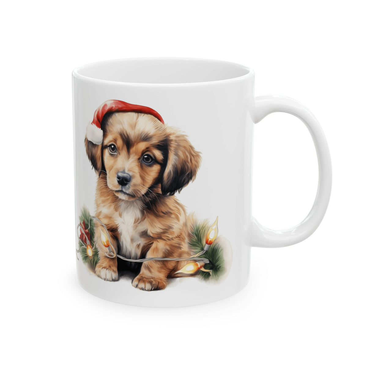 Christmas Dog In Santa Hat With Garland And Lights Ceramic Mug 11oz  Item #104844