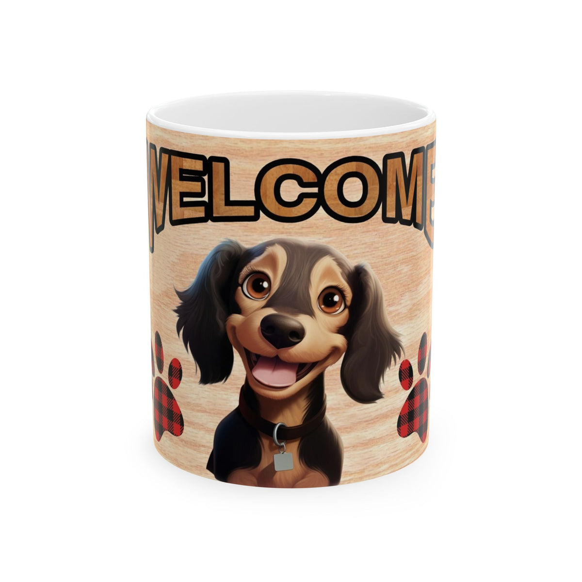 Welcome Dog Illustration Ceramic Mug – Cute Paw Print Coffee Cup 11oz    Item #23895