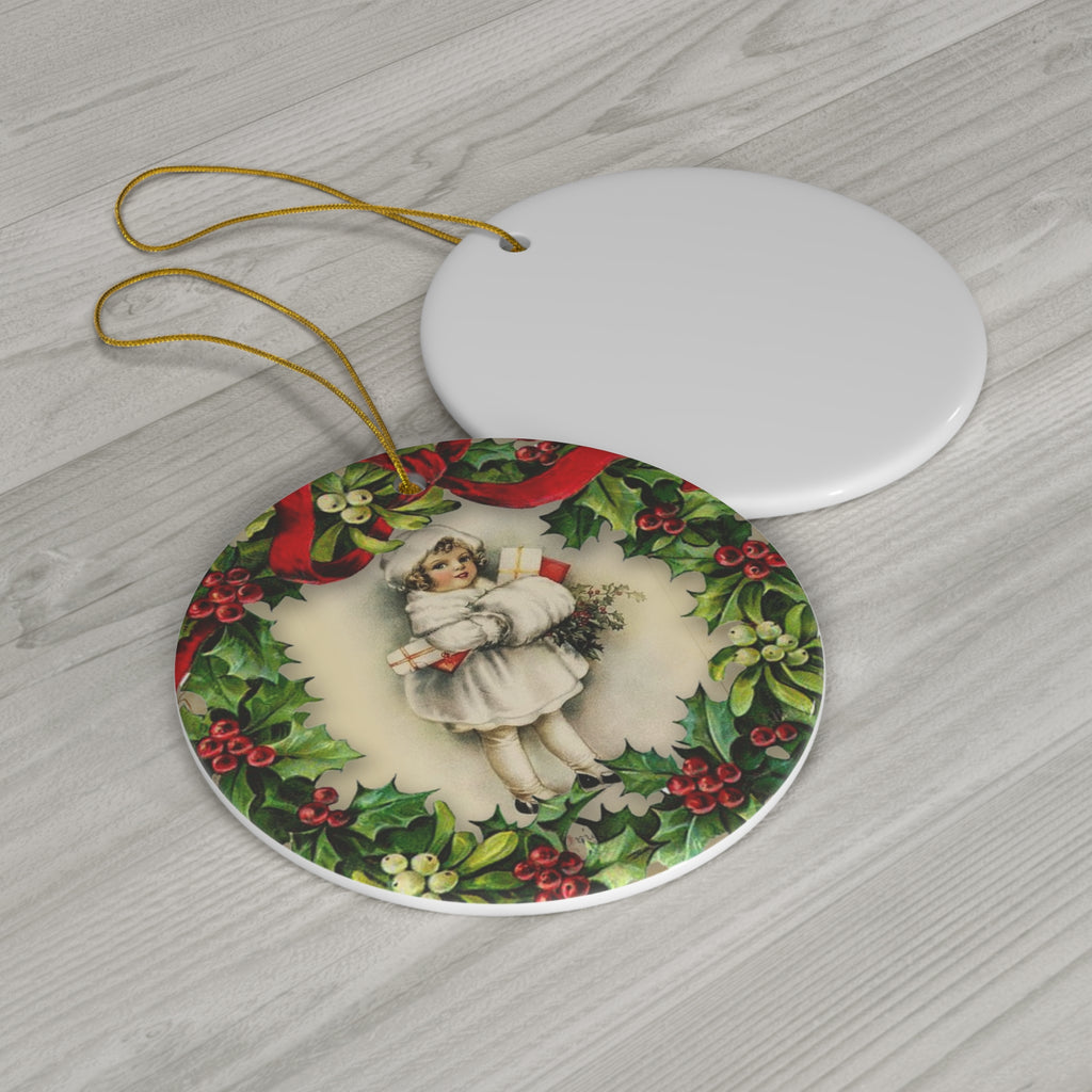 Wreath Girl Ceramic Disc Ornament       Item #503385 - Buckshot's Bargain Barn