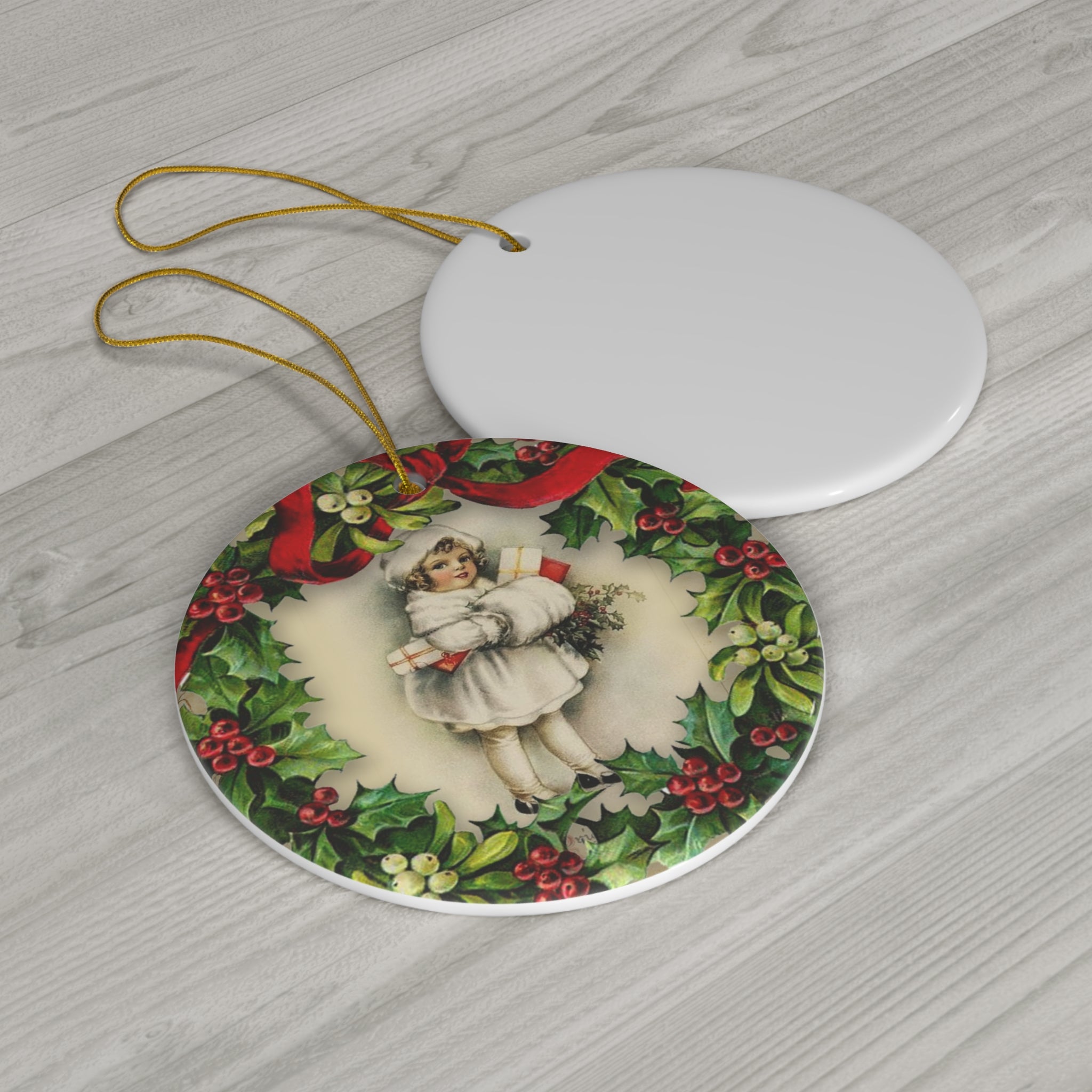 Wreath Girl Ceramic Disc Ornament       Item #503385 - Buckshot's Bargain Barn