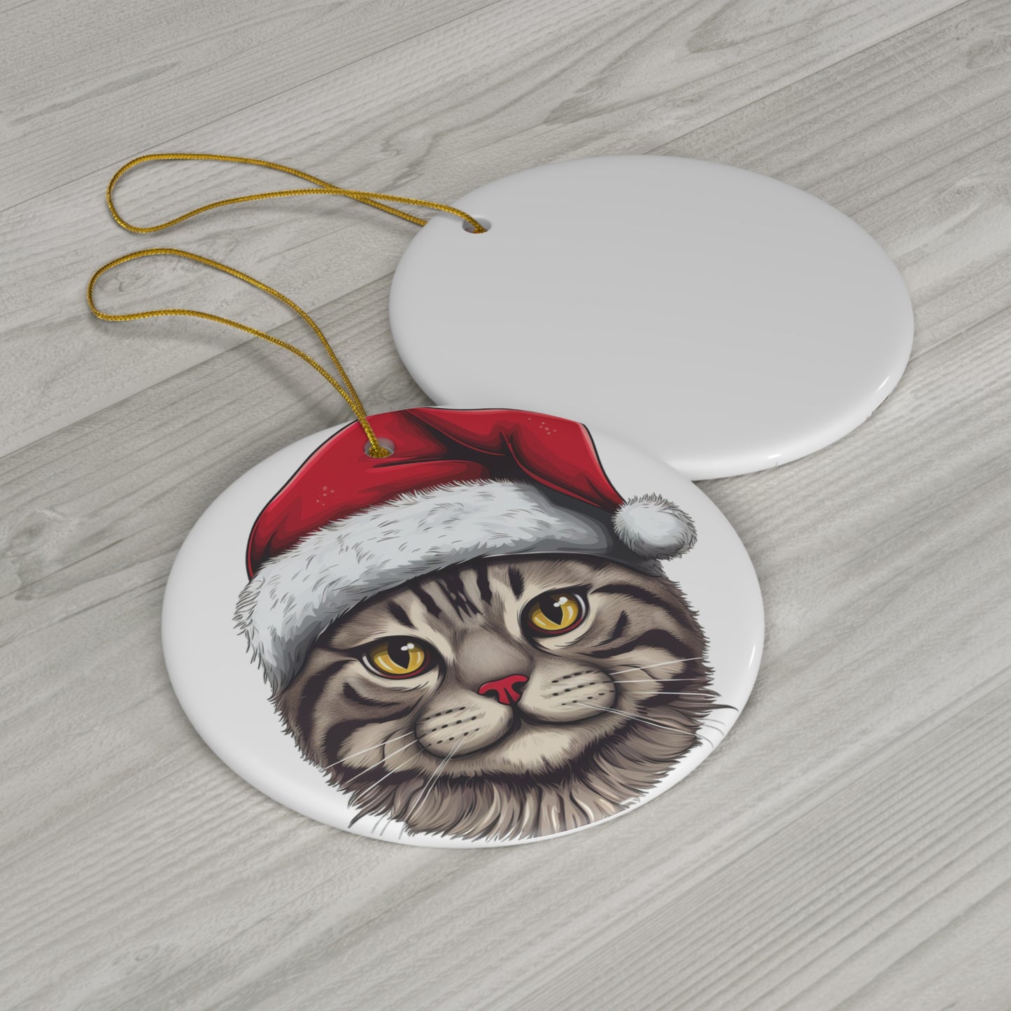 California Spangled Cat With Santa Hat Ceramic Ornament      Item #6128916