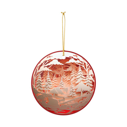 Red Ceramic Christmas Ornament with Forest Deer and Pine Trees   Item #941014