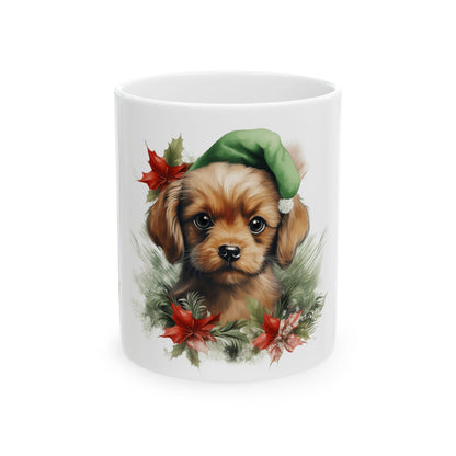 Cute Puppy Christmas Mug – Holiday Cavalier Puppy with Elf Hat 11oz   Item #286294