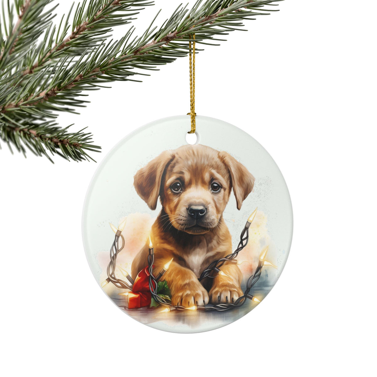Ceramic Christmas Ornament – Adorable Puppy with Holiday Lights    Item #742729