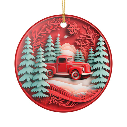 Ceramic Christmas Ornament with Red Vintage Truck and Winter Forest Design   Item #416355