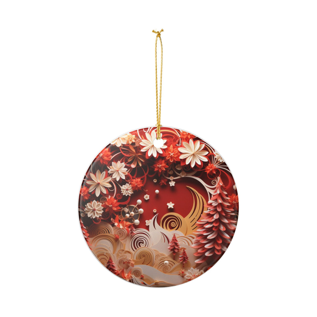 Red Floral Crescent Moon Ceramic Christmas Ornament   Item #11887