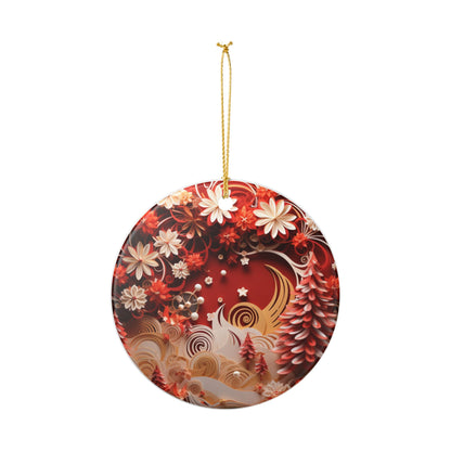Red Floral Crescent Moon Ceramic Christmas Ornament   Item #11887
