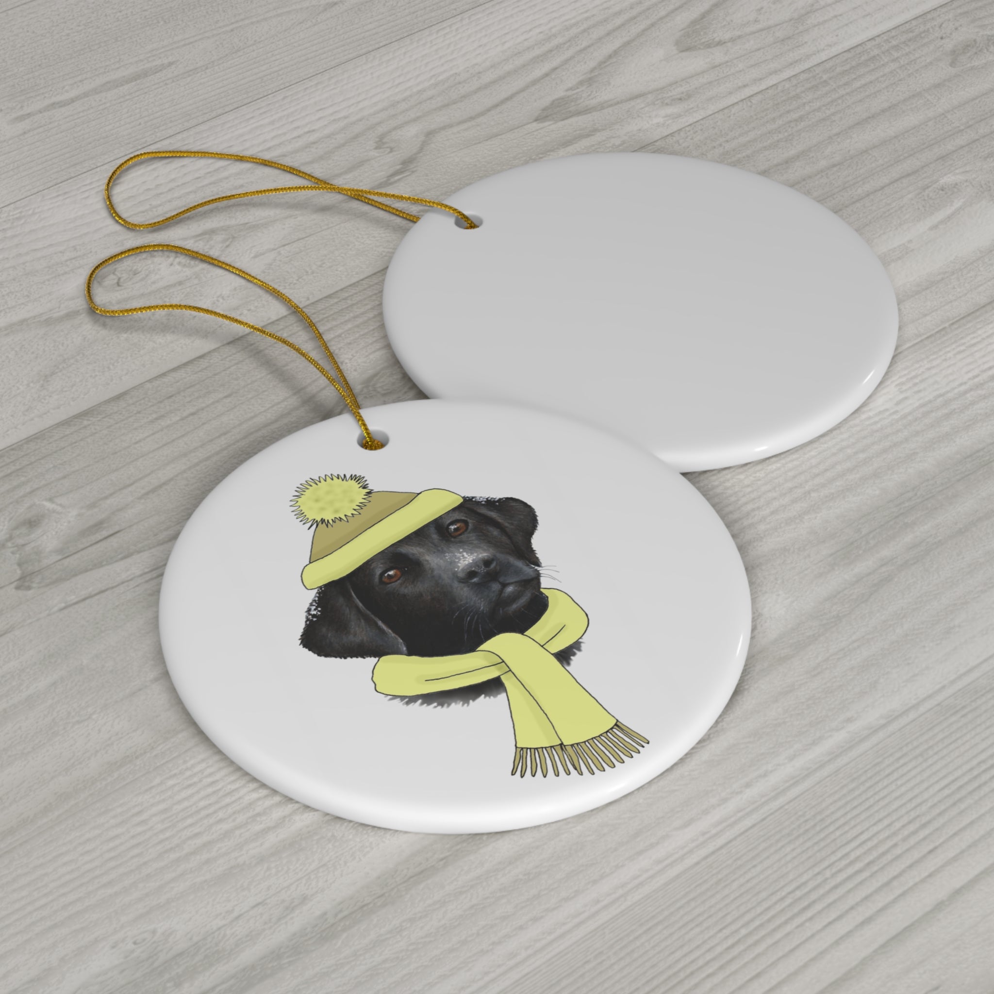 Winter Labrador With Yellow Hat Ceramic Disc Ornament              Item #2090762