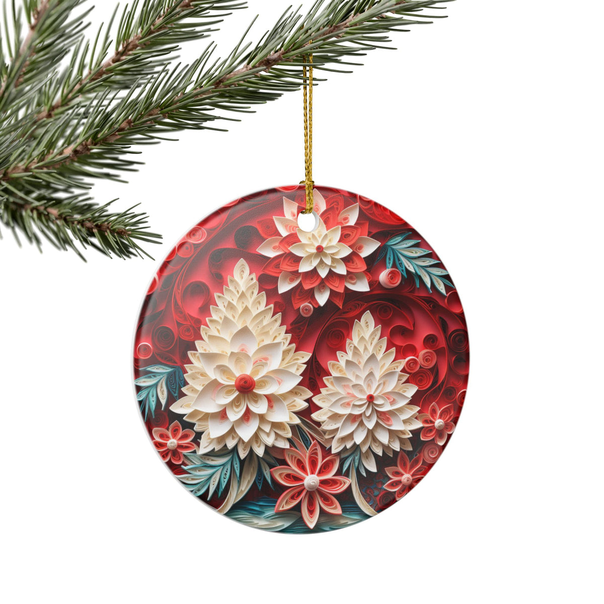 Floral Ceramic Ornament – Red and White Botanical Holiday Décor   Item #26187