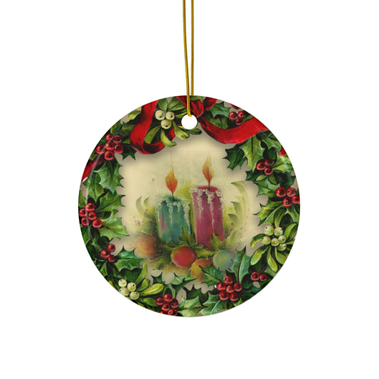 Wreath Candles Ceramic Disc Ornament             Item #1076011