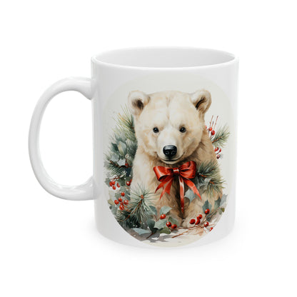 Holiday Polar Bear Ceramic Mug — Festive Pine & Berries Christmas Coffee Cup 11oz   Item #210856
