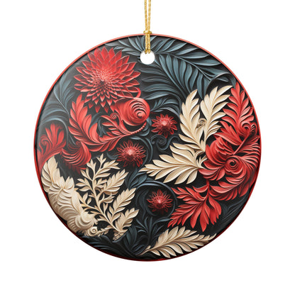 Floral Ceramic Ornament – Red, Cream & Black Botanical Holiday Decor   Item #400784