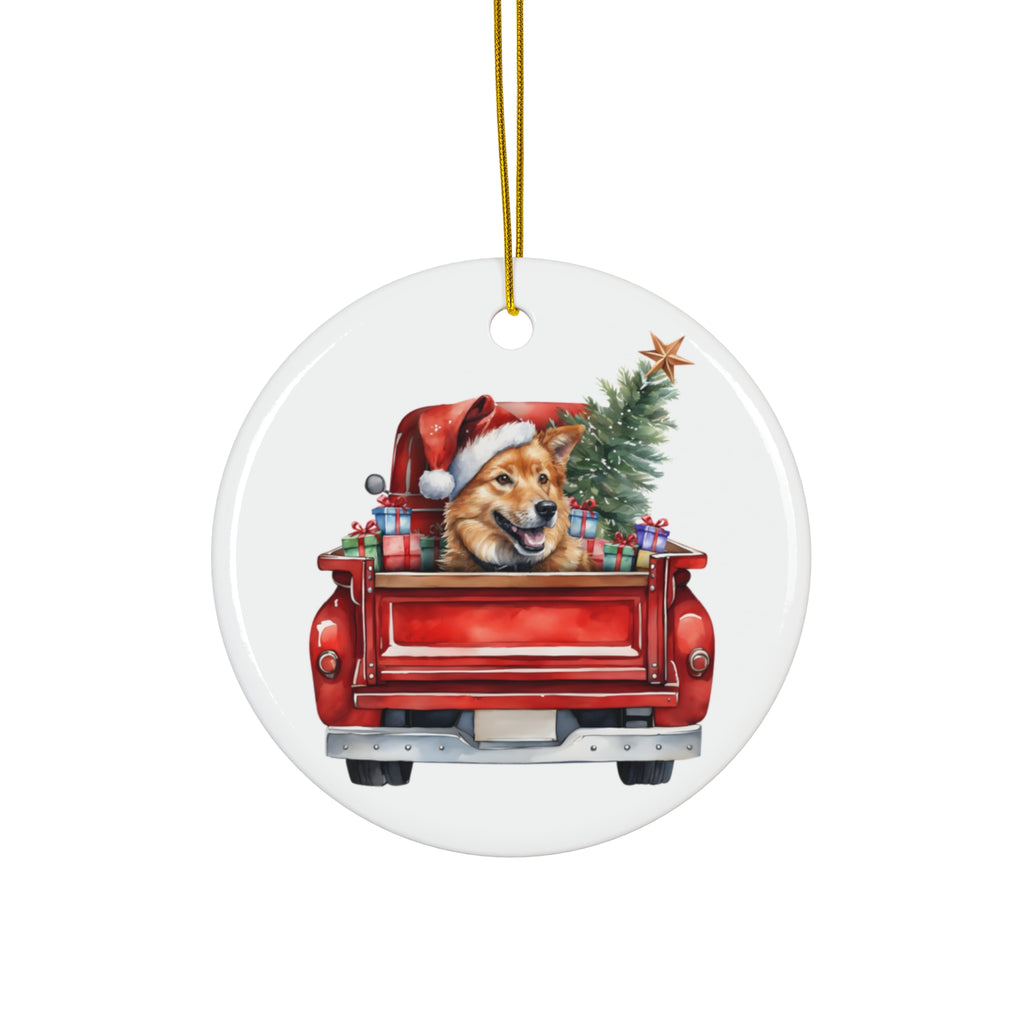Finnish Spitz Christmas Dog In Red Truck Ceramic Disc Ornament         Item #6704457 - Buckshot's Bargain Barn