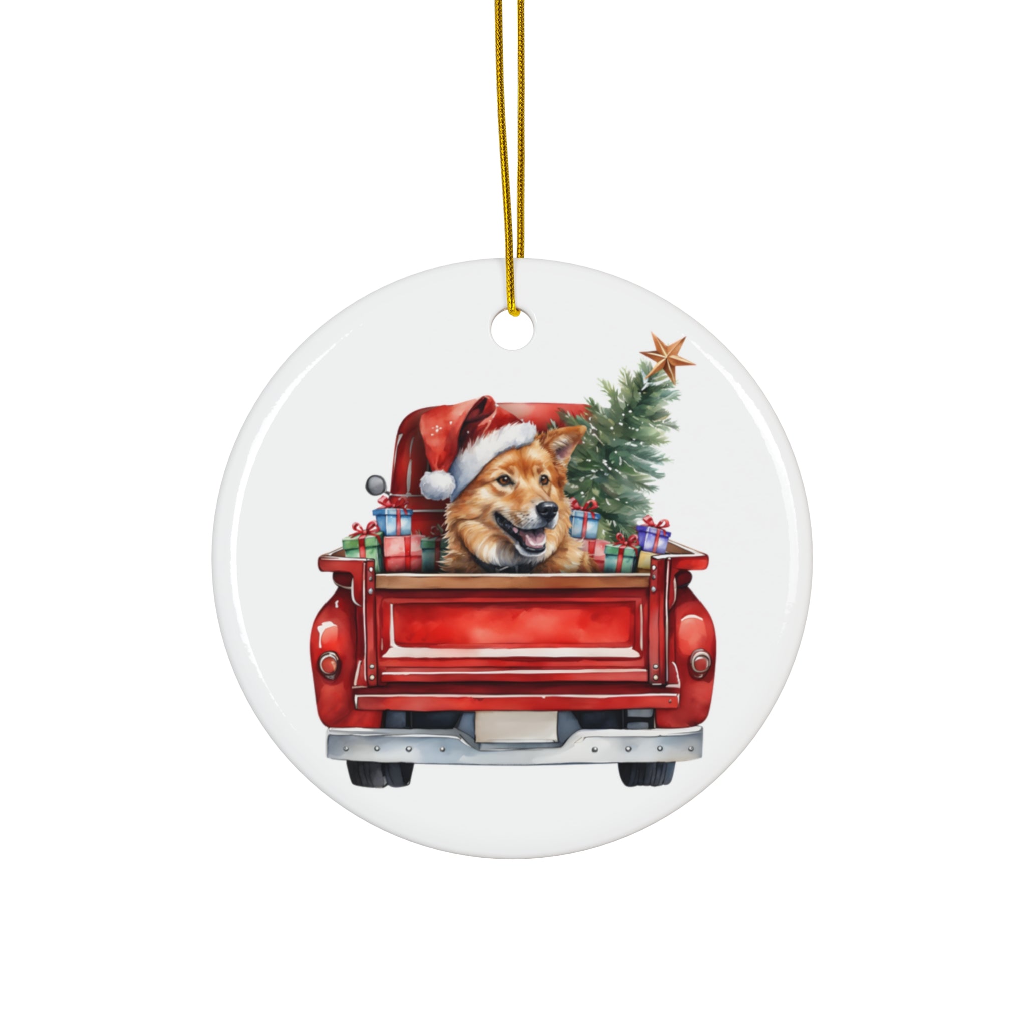 Finnish Spitz Christmas Dog In Red Truck Ceramic Disc Ornament         Item #6704457 - Buckshot's Bargain Barn
