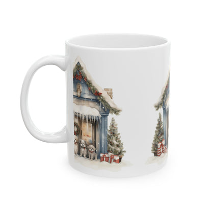 Christmas Puppy Cottage Mug — Winter Holiday Ceramic Coffee Cup 11oz  Item #13398