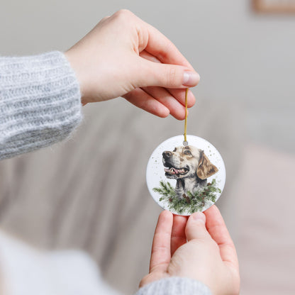 Ceramic Christmas Ornament – Festive Dog Portrait with Pine Branches    Item #715405