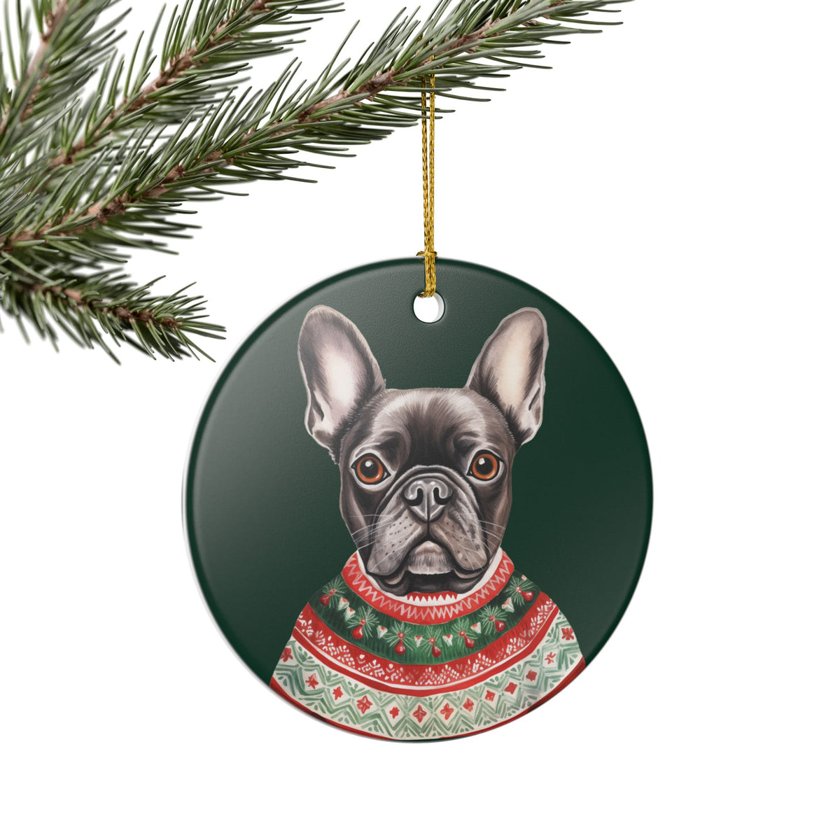 French Bulldog With A Festive Sweater Christmas Ceramic Ornament   Item #928842