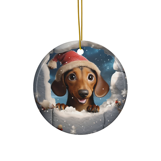 3D Dog With Santa Hat Breaking Out Ceramic Disc Ornament          Item #1628427