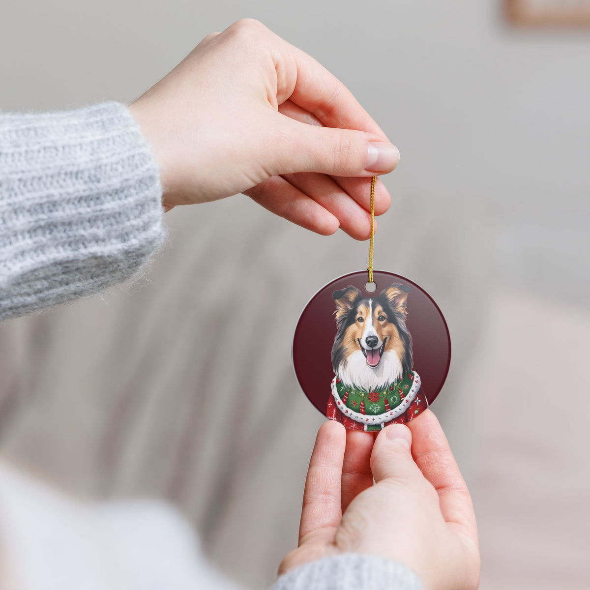 Christmas Collie Dog In Sweater Ceramic Ornament   Item #620825