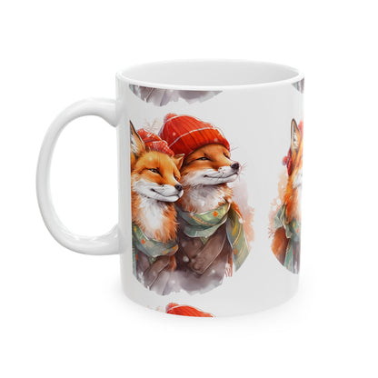 Whimsical Winter Foxes Ceramic Mug — Cute Fox Couple Coffee Cup 11oz   Item #5598