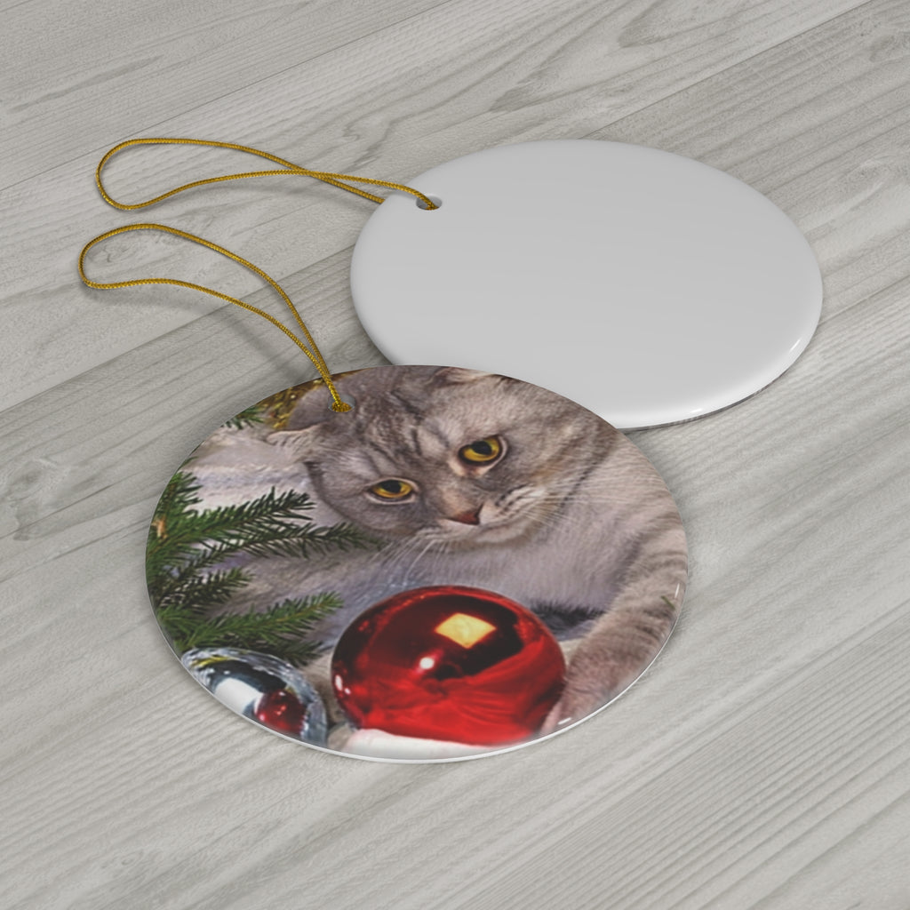 Christmas Cat Ceramic Disc Ornament         Item #5293679 - Buckshot's Bargain Barn