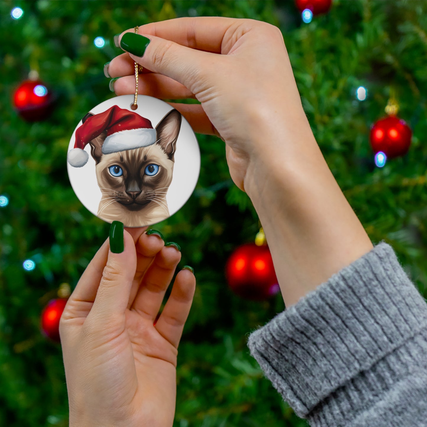 Ceramic Ornament - Tonkinese Cat With Santa Hat      Item #195303