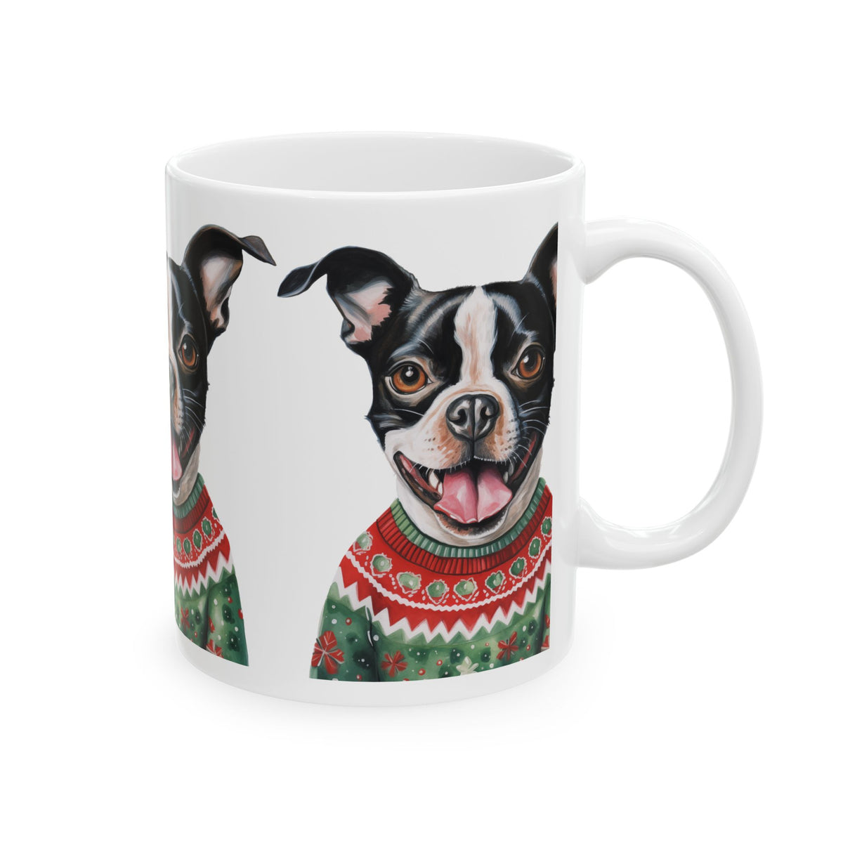 Boston Terrier Christmas Mug – Dog in Festive Sweater Ceramic Coffee Cup 11oz   Item #530089