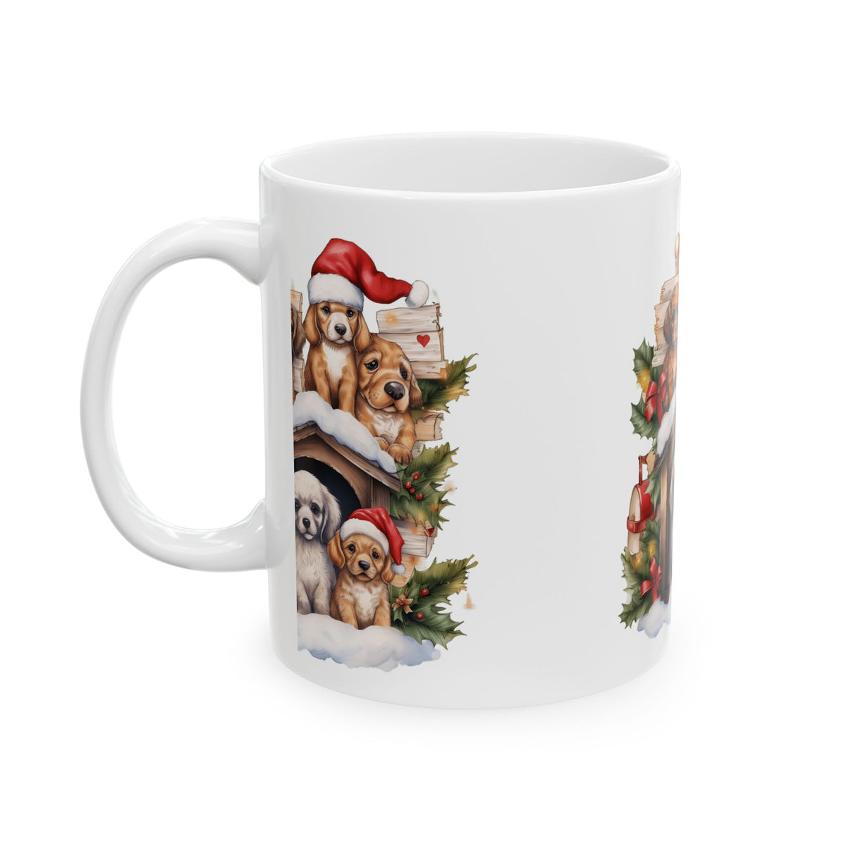 Christmas Puppies Ceramic Mug — Festive Dog House Holiday Coffee Cup 11oz  Item #99334