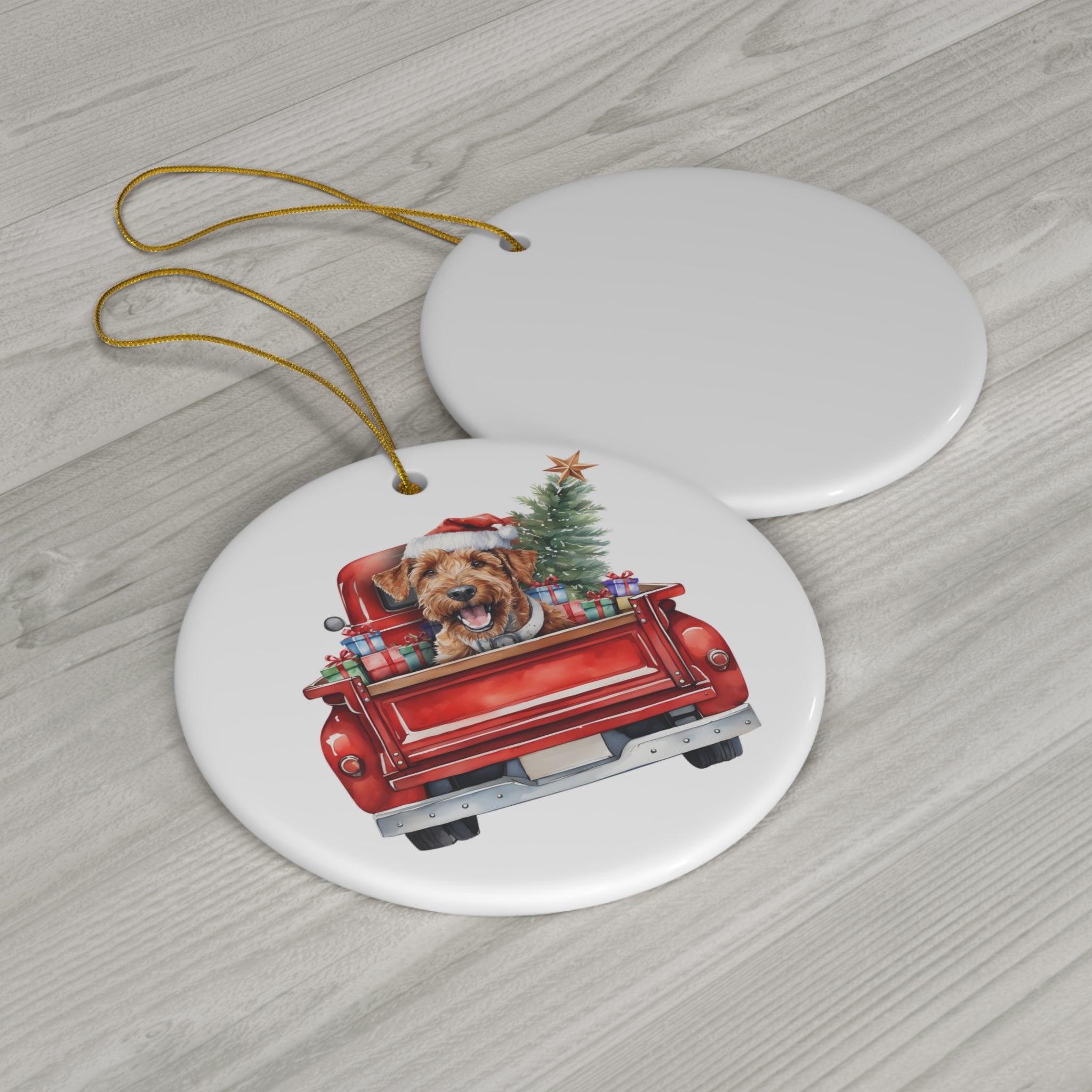 Ceramic Ornament - Irish Terrier Christmas Dog In Red Truck       Item #8398866 - Buckshot's Bargain Barn