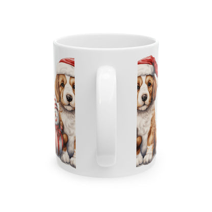 Christmas Puppy Mug – Cute Dog with Santa Hat & Snowman Ceramic Coffee Cup 11oz   Item #705356