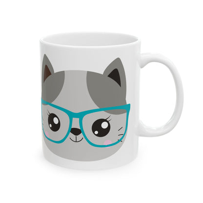 Cute Cat Mug with Teal Glasses — Kawaii Animal Ceramic Coffee Cup 11oz   Item #113