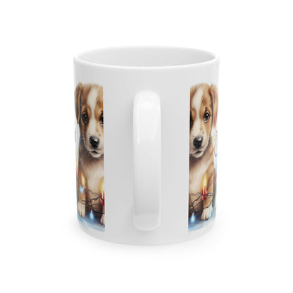 Cute Puppy Christmas Mug — Adorable Puppy with Holiday Lights Ceramic Coffee Cup 11oz   Item #62866