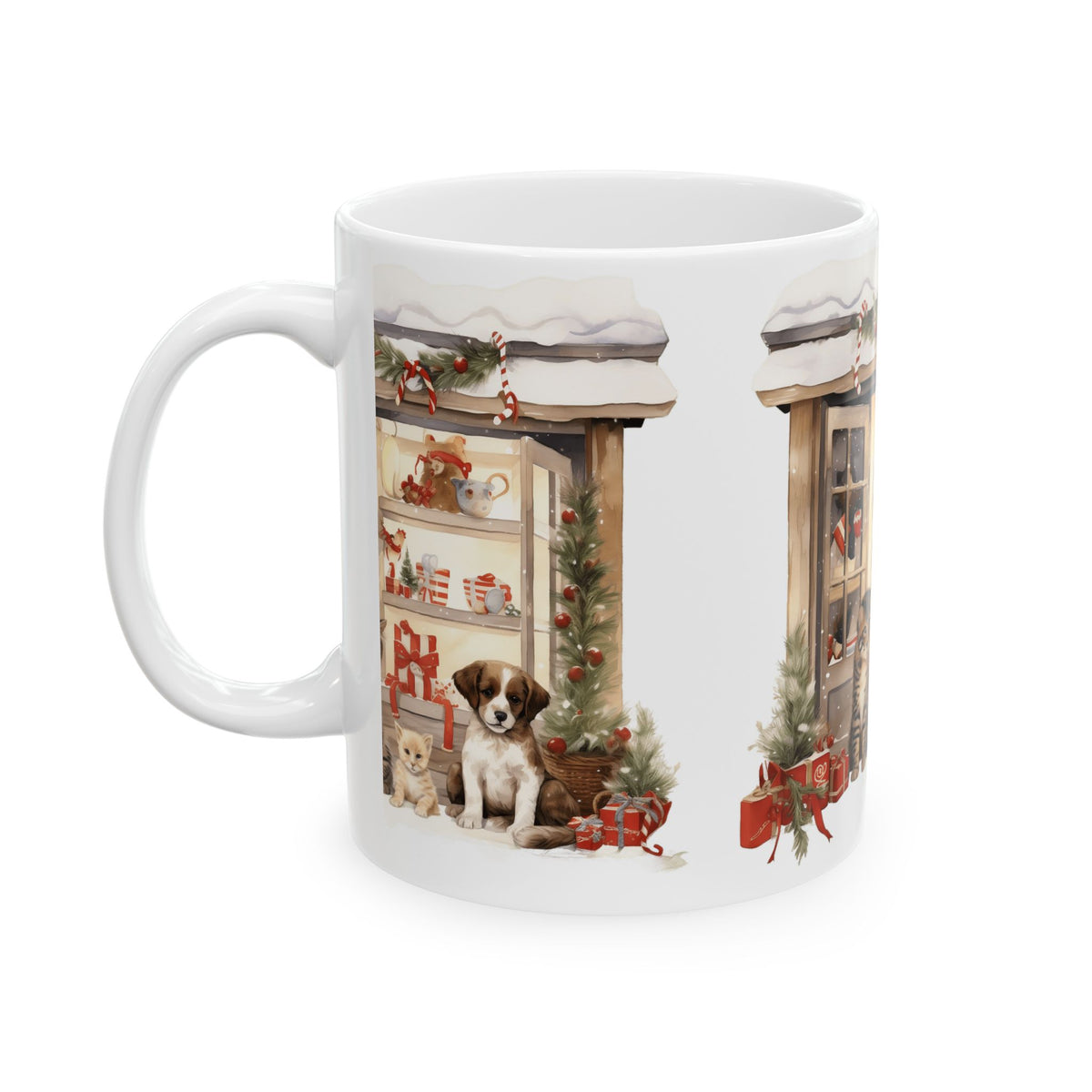 Holiday Pet Shop Ceramic Mug — Cute Puppies & Kittens Christmas Coffee Mug 11oz   Item #740918