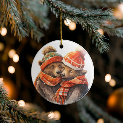 Ceramic Christmas Ornament with Cozy Bear Couple in Winter Hats and Scarves   Item #981933