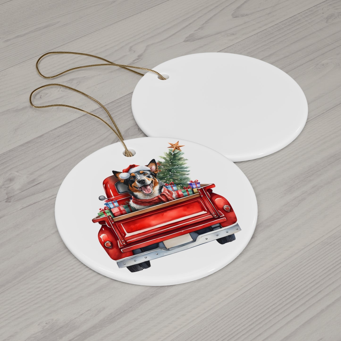 Australian Cattle Dog Christmas Dog In Red Truck Ceramic Disc Ornament        Item #9720929