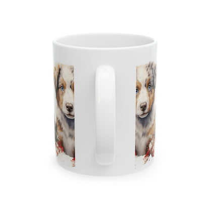 Holiday Aussie Shepherd Puppy Mug — Cute Christmas Dog Ceramic Coffee Cup 11oz  Item #160359