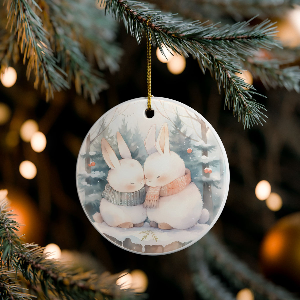 Ceramic Ornament with Cozy Winter Bunny Couple Design   Item #208416
