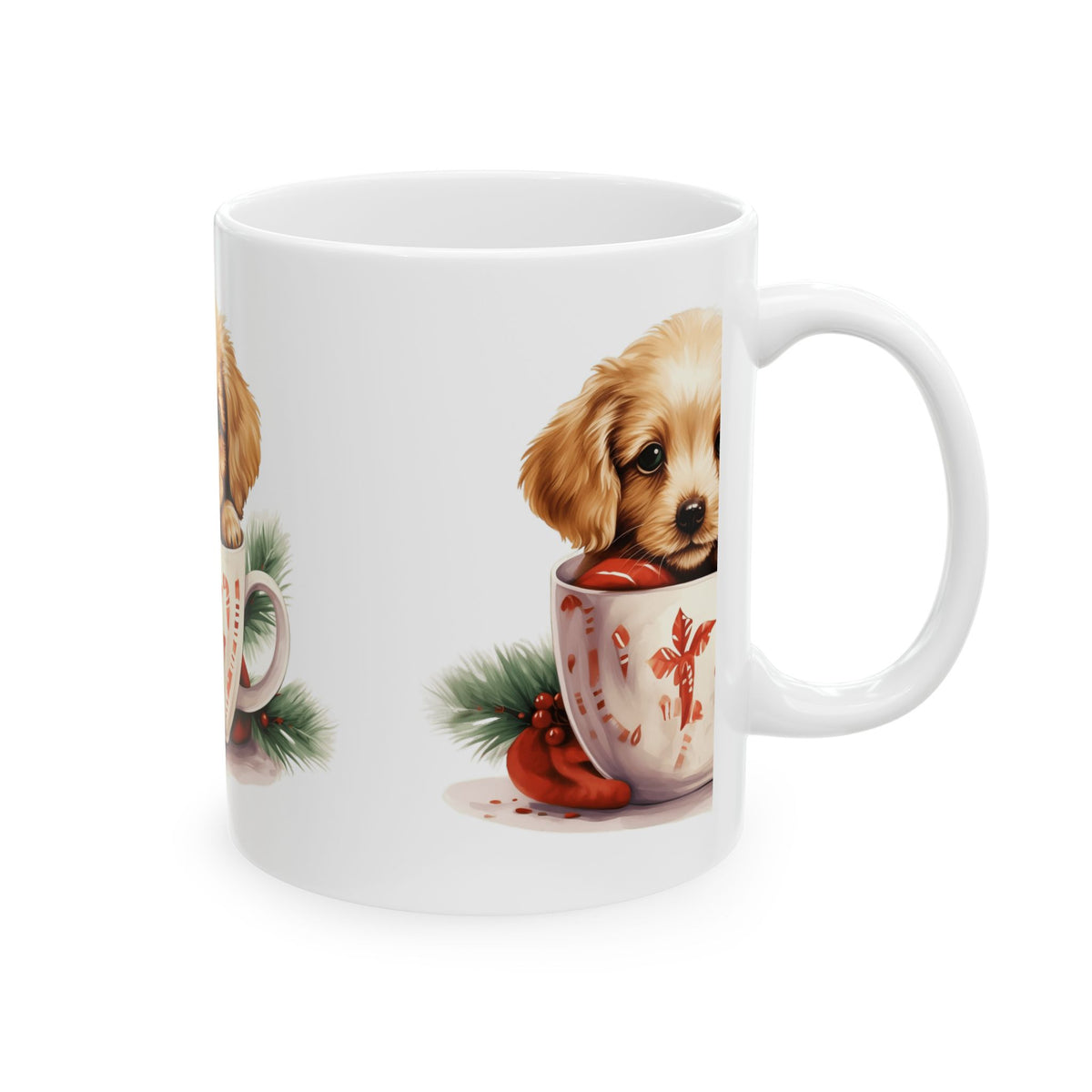 Cute Puppy in Holiday Teacup Mug — Christmas Puppy Ceramic Coffee Cup 11oz  Item #70807