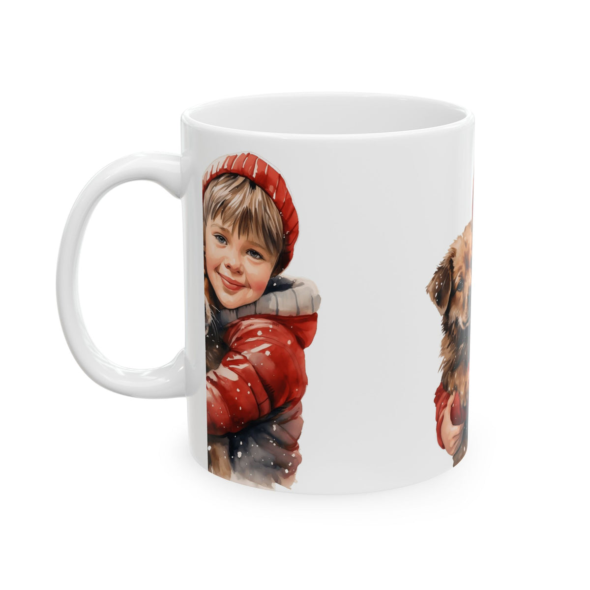 Holiday Kid & Puppy Mug - Cute Winter Boy Holding Dog Ceramic Coffee Cup 11oz  Item #643128