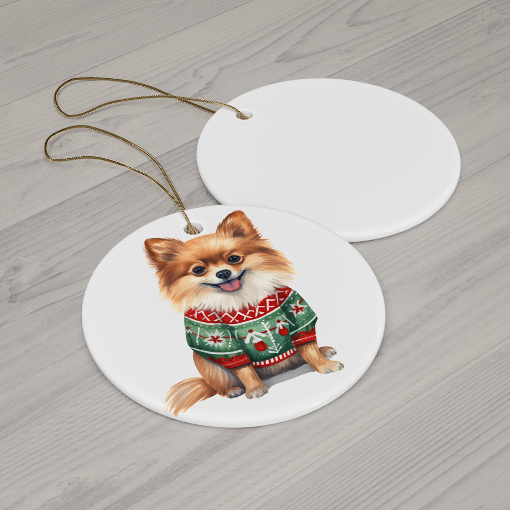 Dog With Christmas Sweater Ceramic Disc Ornament        Item #6404459