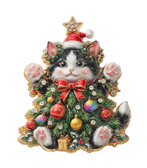 Santa’s Creations™ Christmas Cat Brooch Pin, Black and White Kitten in Decorated Christmas Tree with Santa Hat, Rhinestone Holiday Jewelry, Gift for Cat Lovers   Item #785722