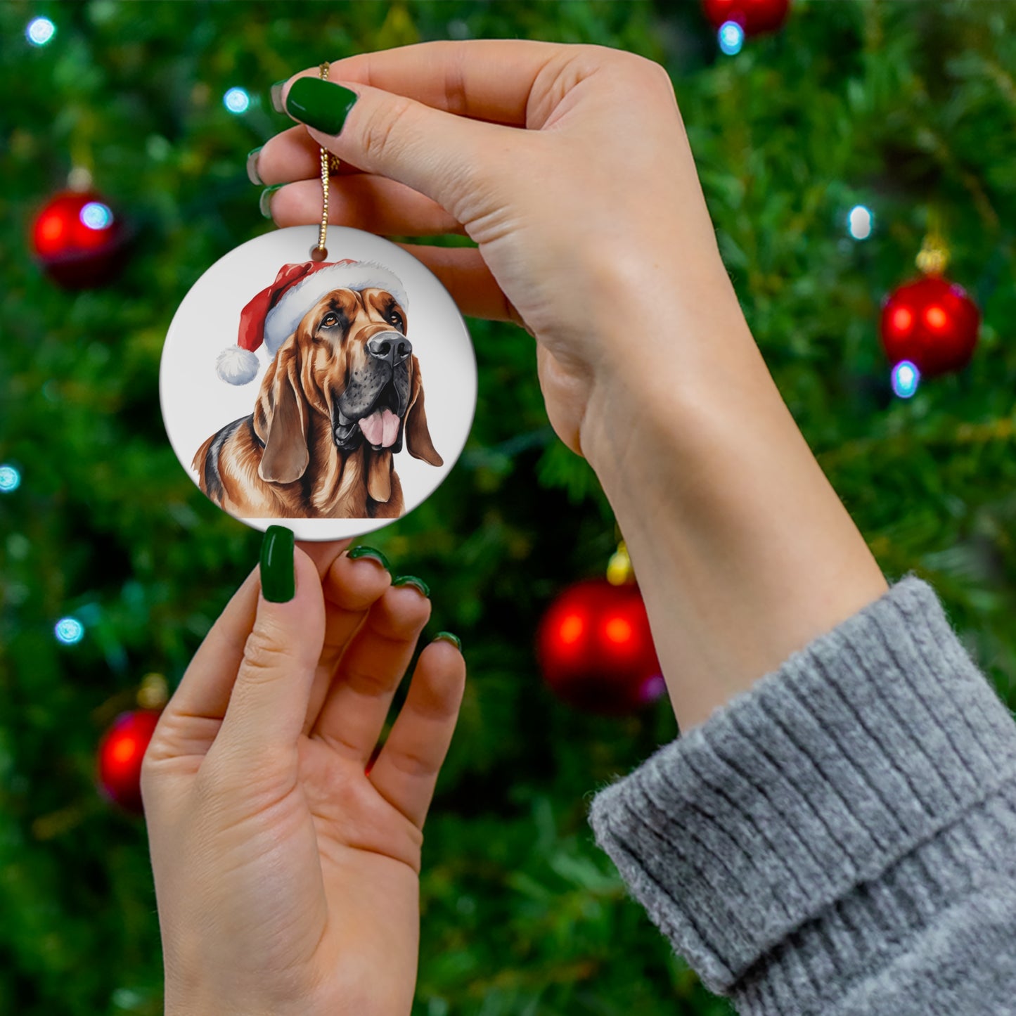 Bloodhound Dog With Santa Hat Ceramic Disc Ornament         Item #8516139